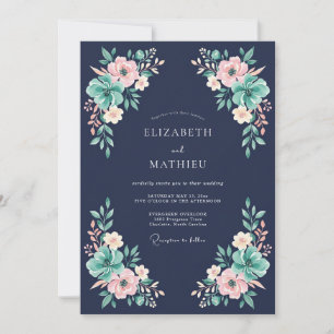 Marineblaue poetische Blumenhochzeit Einladung