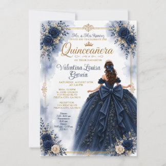 Marineblaue Quinceañera Prinzessinnenkleid Blumenk Einladung