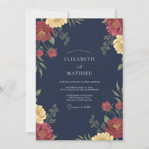 Marineblaue reiche Floral-Hochzeit Einladung