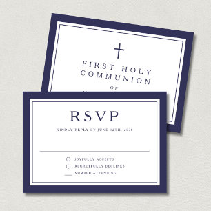 Marineblaue religiöse Kreuz Jungen Erstkommunion  RSVP Karte
