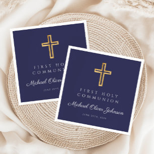 Marineblaue religiöse Kreuz Jungen-Erstkommunion Serviette