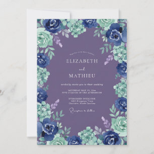Marineblaue romantische Hochzeit mit Blumenblüte Einladung