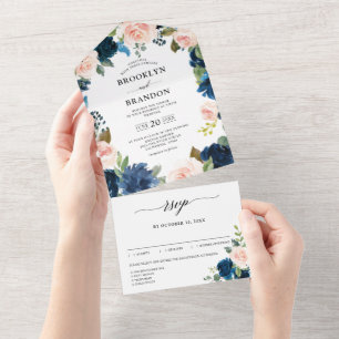 Marineblaue Rosa Florale Botanische Hochzeit All In One Einladung