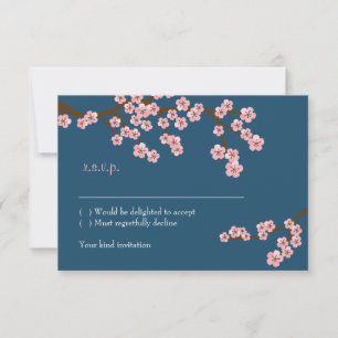 Marineblaue & rosa Kirschblüten-Hochzeit im Frühli RSVP Karte