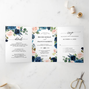 Marineblaue Rosé-Trifalt-Wedding-Einladung Dreifach Gefaltete Ankündigung