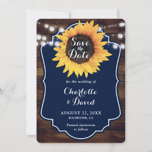 Marineblaue Rustikale Holz-Sonnenblumen-Hochzeit Save The Date