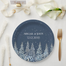 Marineblaue rustikale Winterwald-Hochzeit Pappteller