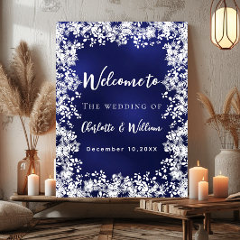Marineblaue Schneeflocken Hochzeits-Willkommenssch Poster