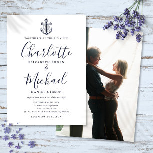 Marineblaue Schrift Nautischer Anker Foto-Hochzeit Einladung
