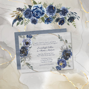 Marineblaue Silber-Graue Wasserfarben-Blumenhochze Einladung