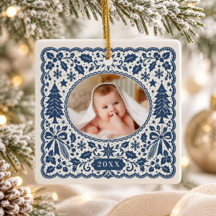 Marineblaue Skandinavische Volkskunst-Weihnachtsba Keramikornament