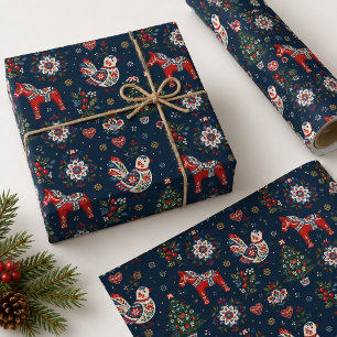 Marineblaue skandinavische Weihnachts-Dala-Pferde- Geschenkpapier