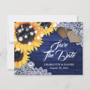 Marineblaue Sonnenblume Holz Jute Spitze Hochzeit Ankündigung