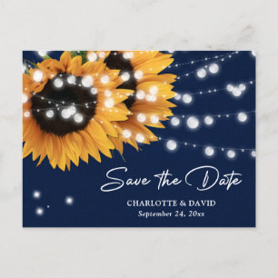 Marineblaue Sonnenblumen-Hochzeit-Save-The-Date-Po Ankündigungspostkarte
