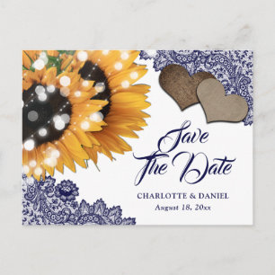 Marineblaue Sonnenblumen-Hochzeit-Save-the-Date-Po Ankündigungspostkarte