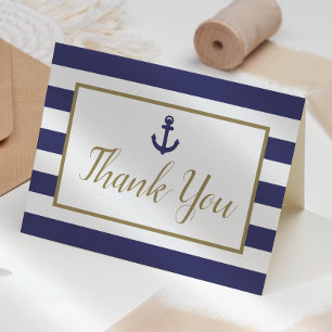 Marineblaue Streifen Anker Goldschrift Dankeskarte