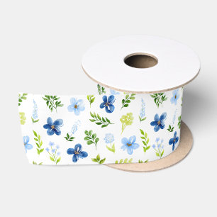 Marineblaue und babyblaue Blumen mit Blattmuster Satinband