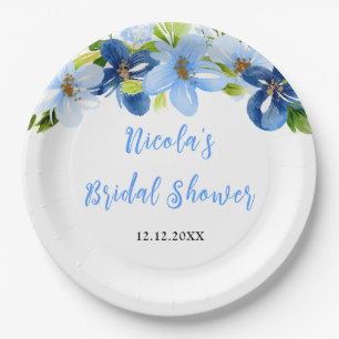 Marineblaue und Babyblaue Florale Brautparty Pappteller