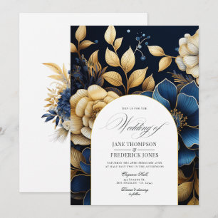 Marineblaue und goldene Blumenhochzeits-Einladung Einladung