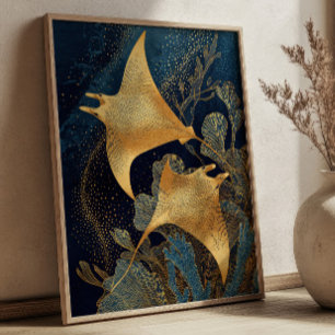 Marineblaue und goldene Mantarochen Elegante Kints Poster