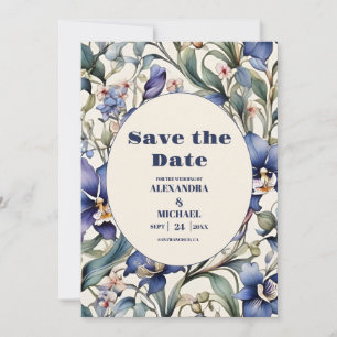 Marineblaue und hellblaue Aquarell-Blumenhochzeit Save The Date