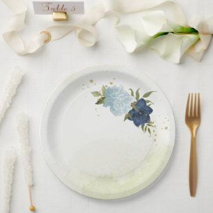 marineblaue und staubblaue Blumen Grün Pappteller