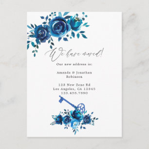 Marineblaue und weiße Aquarell-Blumen Neue Adresse Ankündigungspostkarte