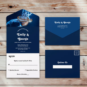 Marineblaue Unterwasserquallen Nautische Hochzeit All In One Einladung