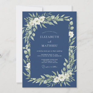 Marineblaue üppige Blütenhochzeit Einladung