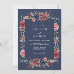 Marineblaue üppige florale romantische Hochzeit Einladung