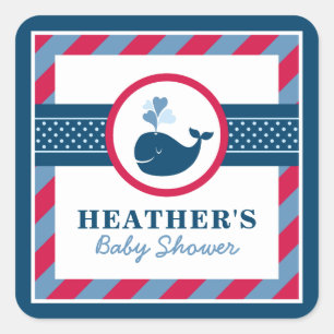 Marineblaue Wal Baby Shower mit Rot Quadratischer Aufkleber
