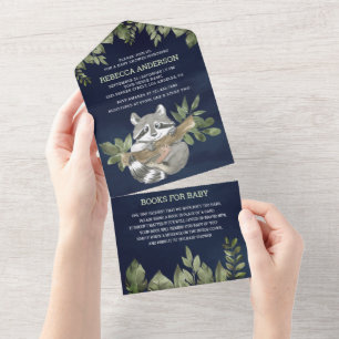 Marineblaue Waldtiere Süßer Waschbär Baby-Party All In One Einladung