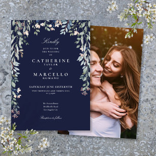 Marineblaue Wildblumen-Blumen-Foto-Hochzeit Einladung