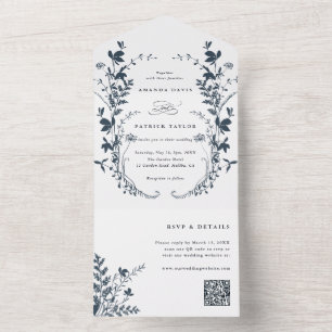 Marineblaue Wildblumen-Silhouette Kranz Hochzeit All In One Einladung