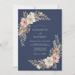 Marineblaue zarte botanische Hochzeit Einladung