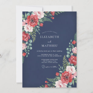 Marineblaue Zeitlose Florale Hochzeit Einladung