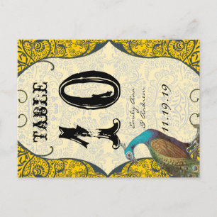 Marineblauer und Senfgelber Liebesvogel-Tisch mit Postkarte