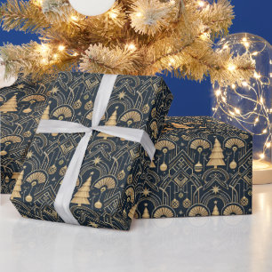 Marineblaues Art Deco Weihnachtsbaum-Muster Geschenkpapier