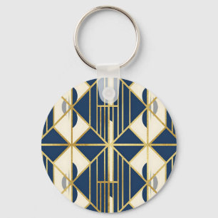 Marineblaues und goldenes Art Deco-Geometrie-Muste Schlüsselanhänger