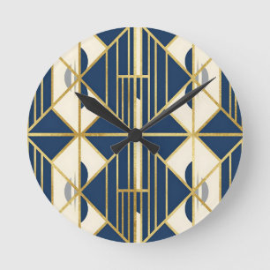 Marineblaues und goldenes Art Deco geometrisches M Runde Wanduhr