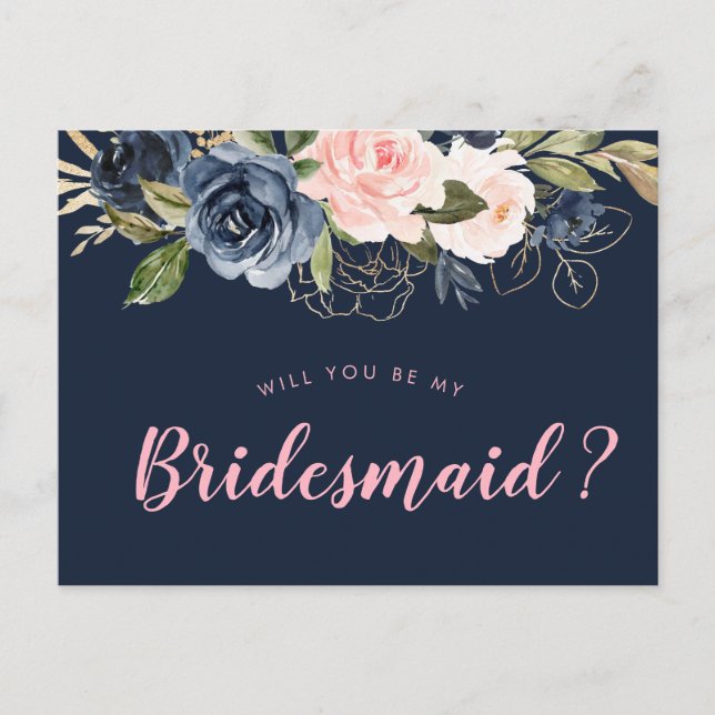 Marineblossom pink werden Sie meine Bridesmaid-Kar Einladungspostkarte (Vorderseite)