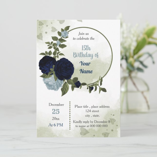 Marinebraun blauer Blumen Grünkranz Geburtstag Einladung (Stehend Vorderseite)
