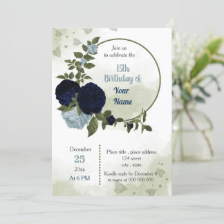 Marinebraun blauer Blumen Grünkranz Geburtstag Einladung