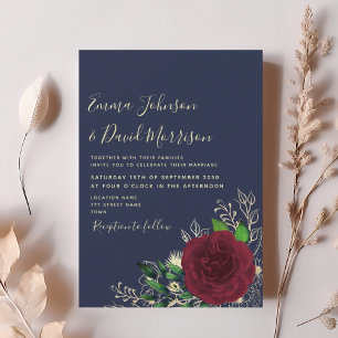 Marineburgunder-Blumen-Hochzeitseinladung Einladung