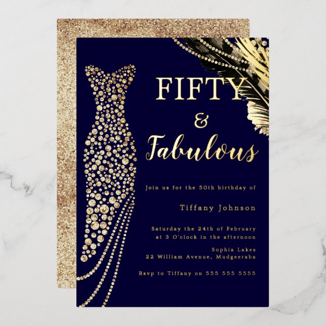 Marinefünfziges und fabelhaftes Gold Dress 50. Geb Folieneinladung (Vorderseite/Rückseite)