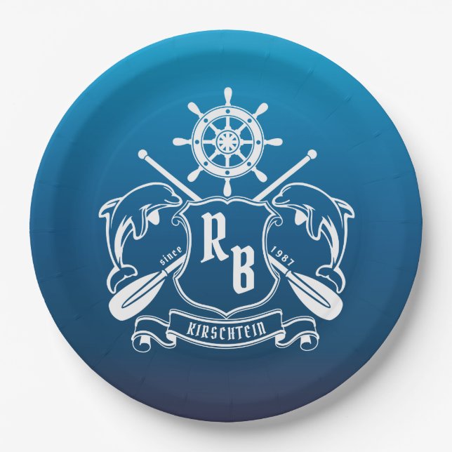 Marineinsignie-Delphin-Helm-Ruder-Schild nautisch Pappteller (Vorderseite)