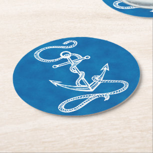 Marinemeeresblau & Weiße Schiffssanchor-Strandpart Runder Pappuntersetzer