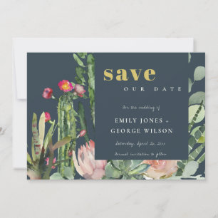 MARINEPINK BLÜTEN WÜSTENKAKTUS BLATTWERK WATERCOLO SAVE THE DATE