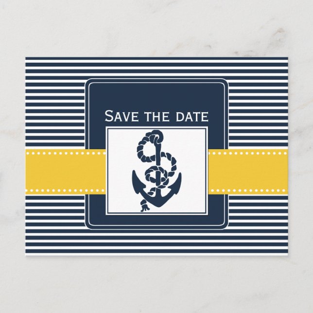 Marinestreifen, Anker, nautisch Save the Date Ankündigungspostkarte (Vorderseite)