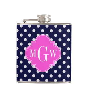 Marineweiß Gepunktet Hot Pink Quatrefoil 3 Monogra Flachmann
